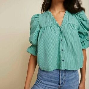 Nation LTD Geneva Puff Sleeve Boho Crop Blouse Havana Green Stripe Women XL $150